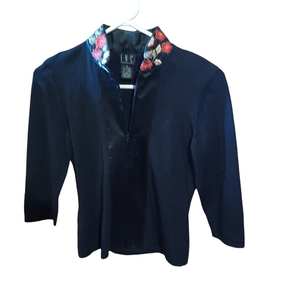 INC Black Top Embroidered Flowers Full Zip Front